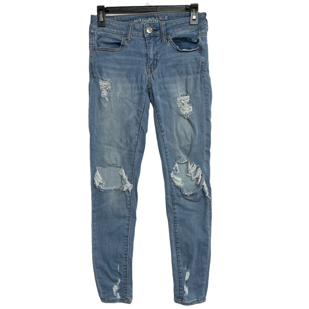 American Eagle Jegging Jeans Womens Size 4 Blue Denim Distressed Ripped PUCKER